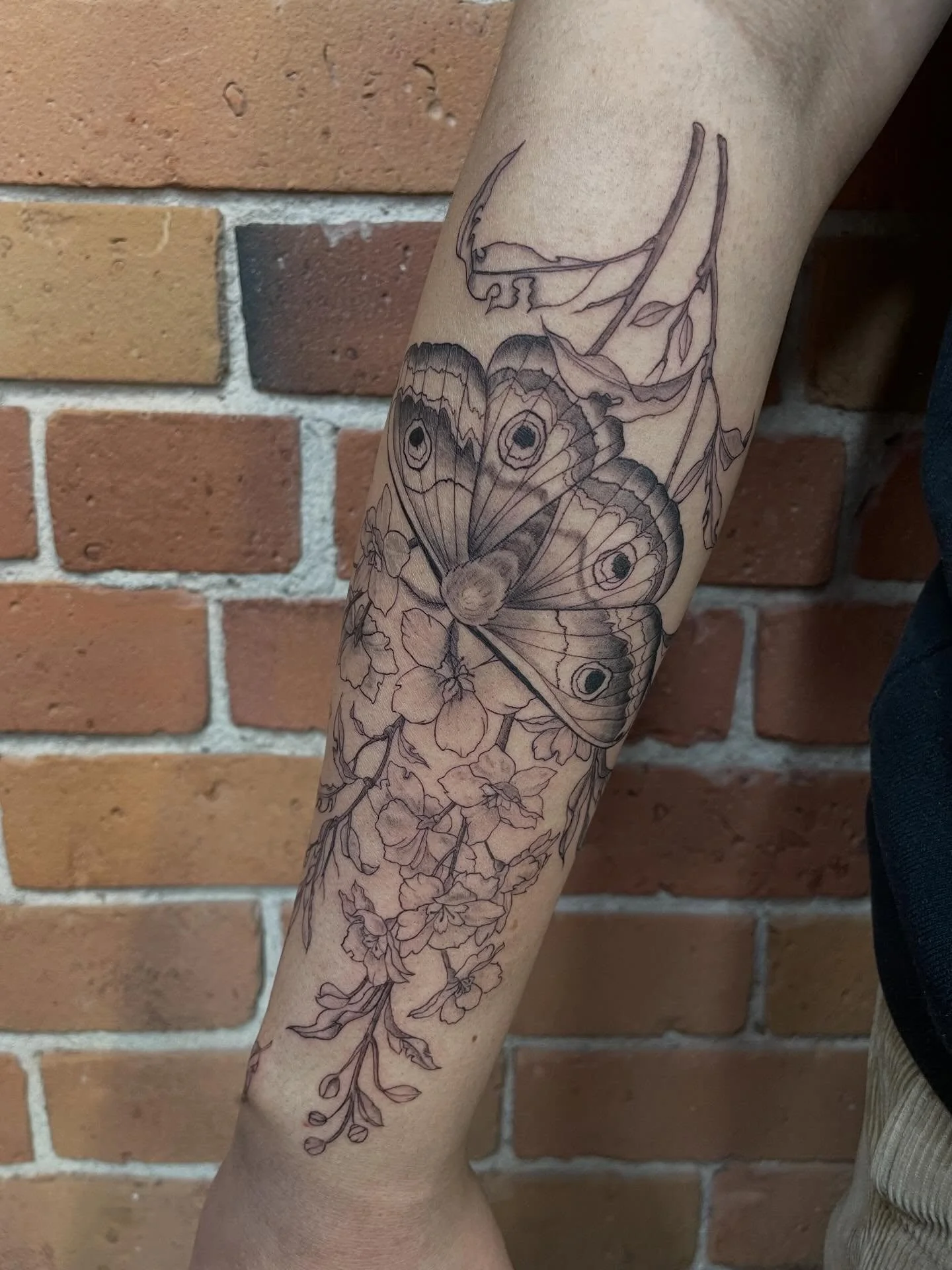 Beautiful forearm piece, mix of birth month flowers and big ol moth 🦋

#illustrativetattoo #blackandgreytattoo #ottawatattoo #mothtattoo #flowertattoo