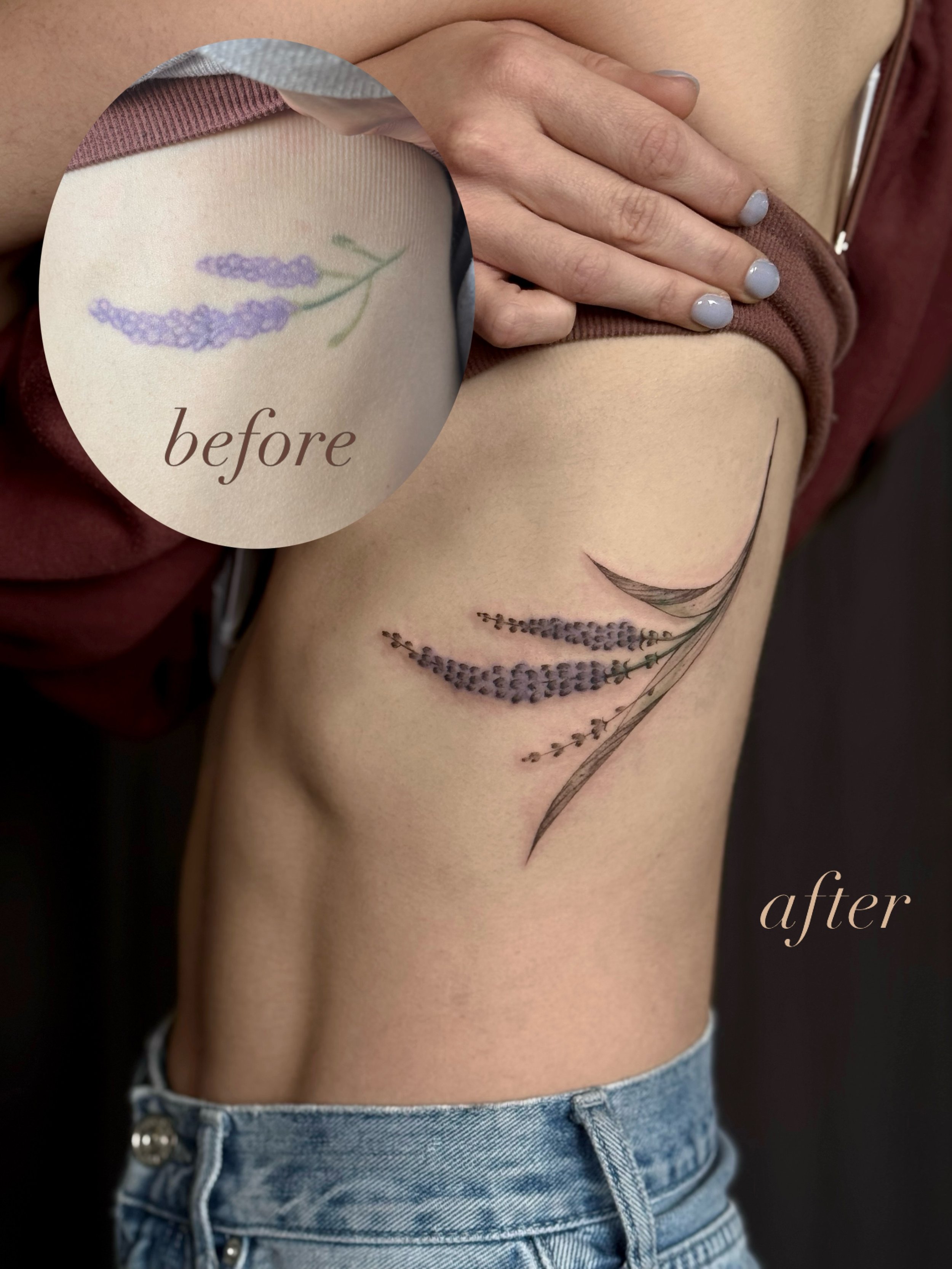 Lavender rework 💜 Thank you, Joelle, for your trust!!
~
Joelle had a lavender tattoo that she was looking to rework in black ink. During our consultation, we went through examples of my previous botanical work and collaborated on this rework to bett