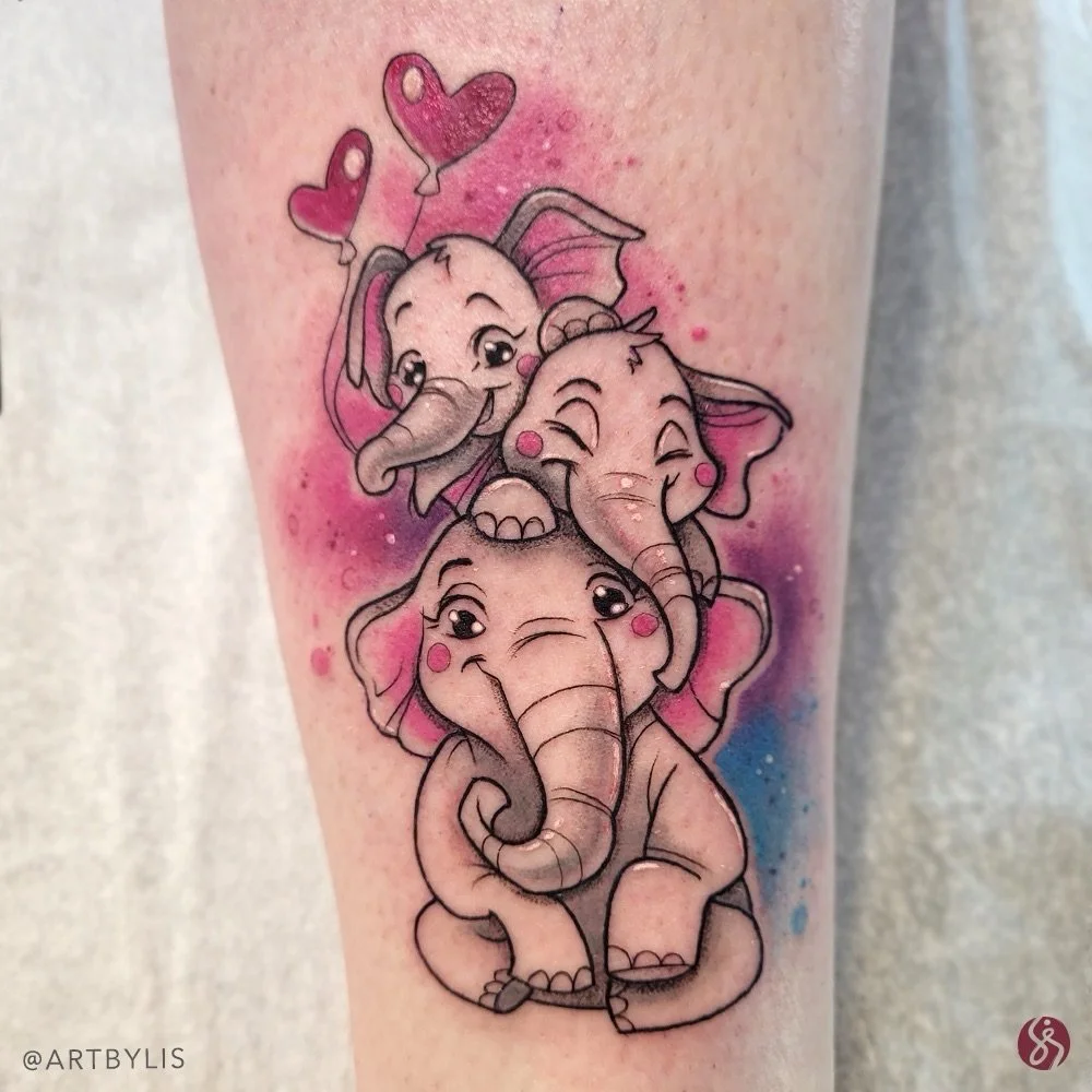 Three Adorable Elephants by @artbylis 🐘💕
.
.
.
Artist: @artbylis 
Studio: @obscura.tattoo 
.
.
.
#ottawatattoo #ottawaartist #obscuratattoo #elephanttattoo #colortattoo
