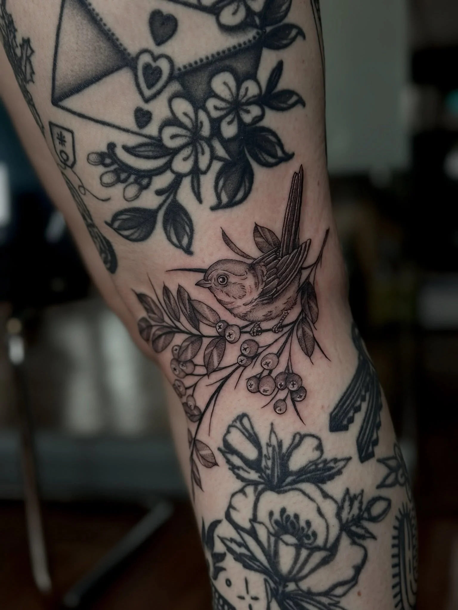 Cute Bird with Berries by @artbyrobs 🫐🕊️
.
.
.
Artist: @artbyrobs 
Studio: @obscura.tattoo 
.
.
.
#ottawatattoo #ottawaartist #obscuratattoo #birdtattoo #finelinetattoo