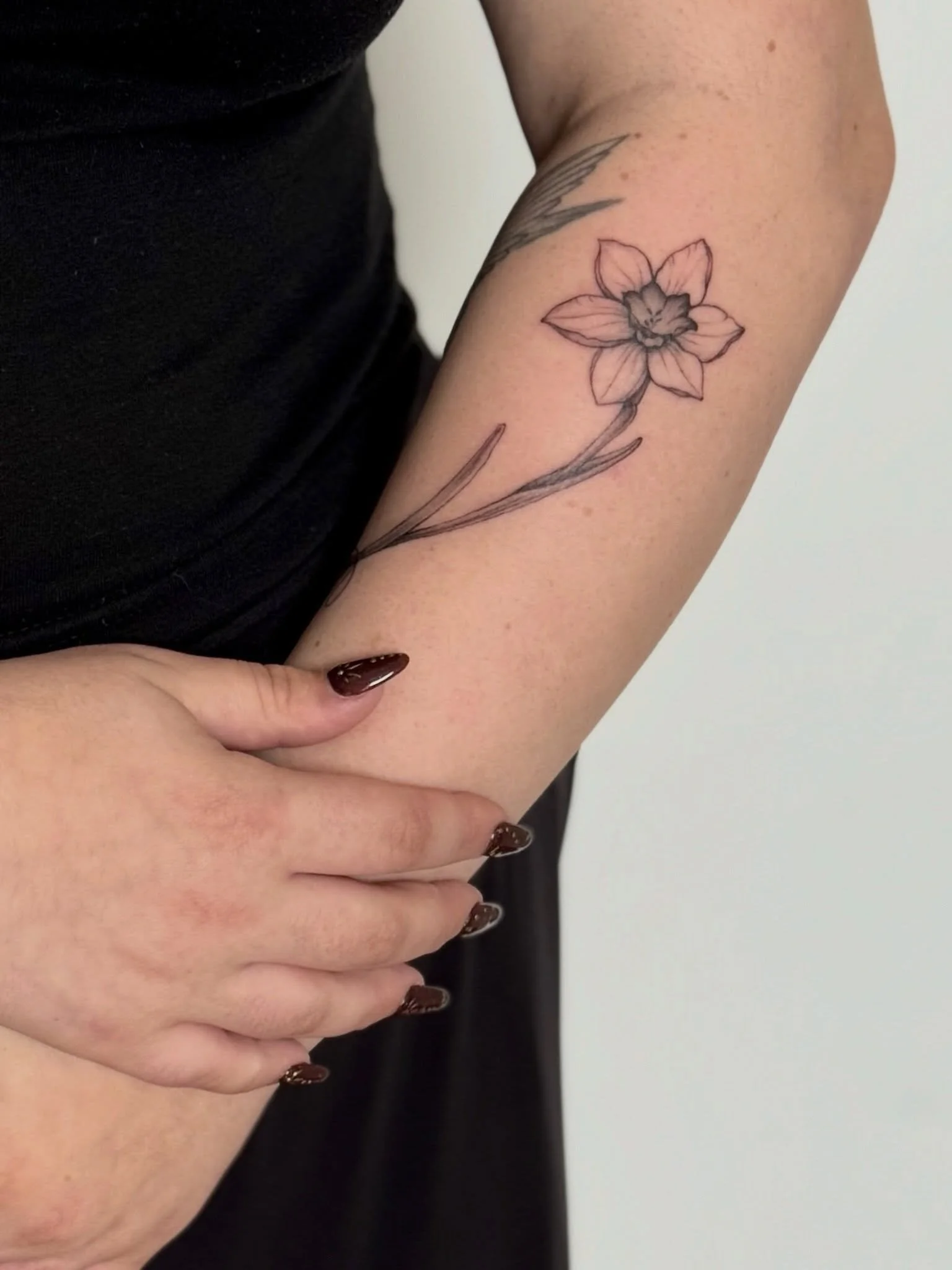 Cute Daffodil by @sablii.tattoo 🌼
.
.
.
Artist: @sablii.tattoo 
Studio: @obscura.tattoo 
.
.
.
#ottawaartist #ottawatattoo #obscuratattoo #finelinetattoos #daffodiltattoo