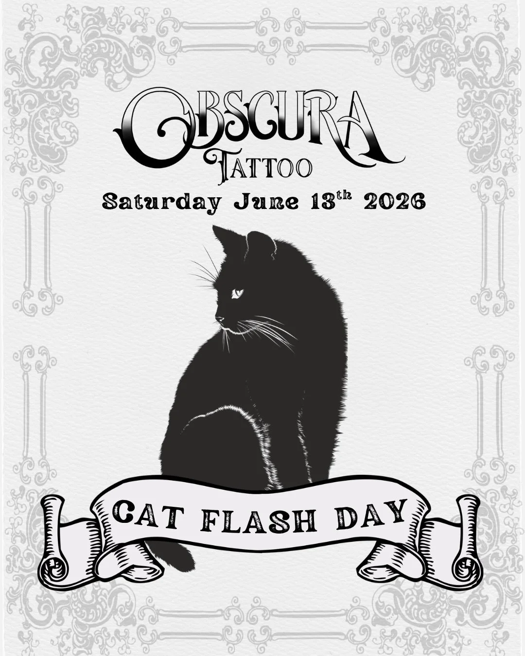 Mark your calendars!
🐱 Saturday June 13th is going to be a purr-fectly good day for cats at Obscura Tattoo&rsquo;s Cat Flash Day Event! 🐱
.
This event is a walk-in day! No appointments needed. 
.
Our artists will be dropping flashes over the next c
