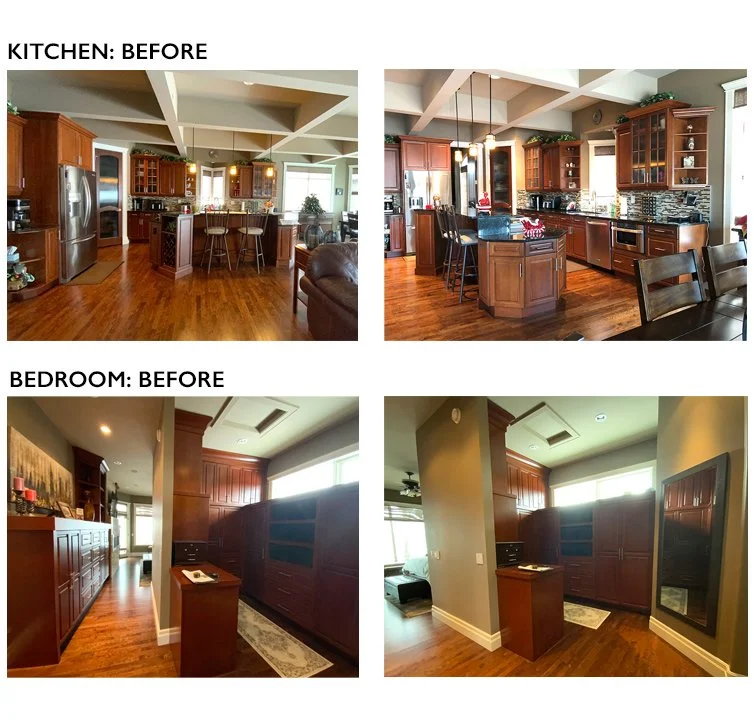 kitchen and bedroom before renovations. A traditional style with dark wood.