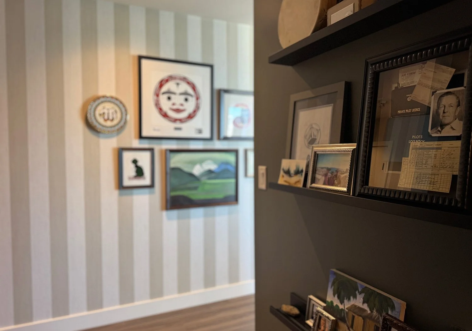 A cozy home office nook surrounded by personal treasures and meaningful keepsakes creates a comfortable workspace that inspires focus and joy