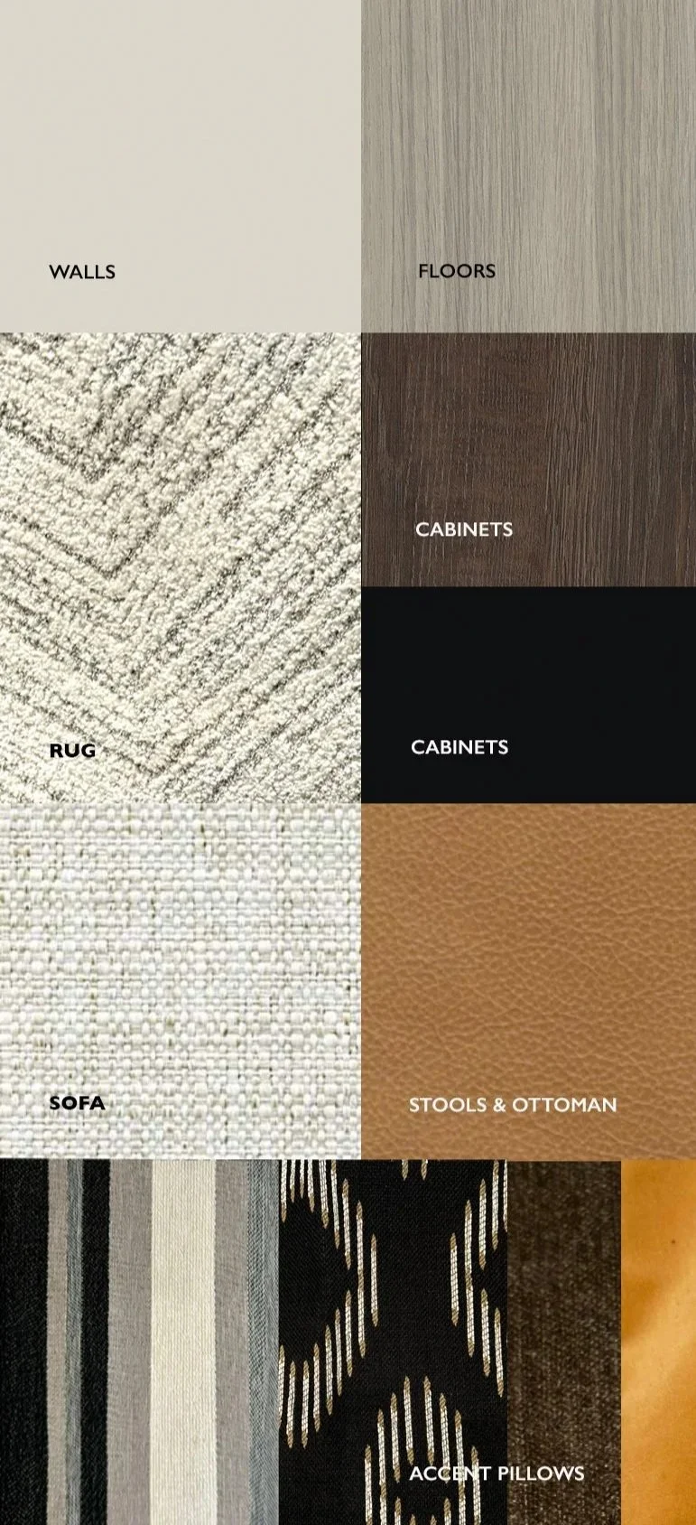 Neutral colour palette with black and colourful accents for visual impact