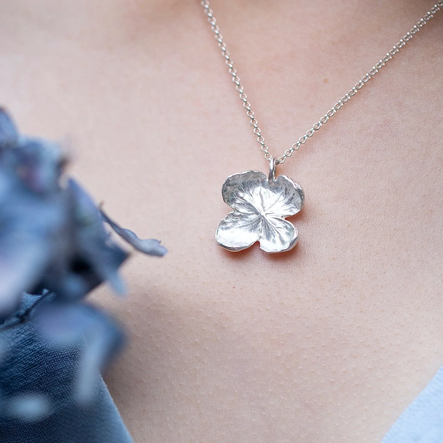Silver Hydrangea Flower Necklace | Artisan Nature Jewellery UK