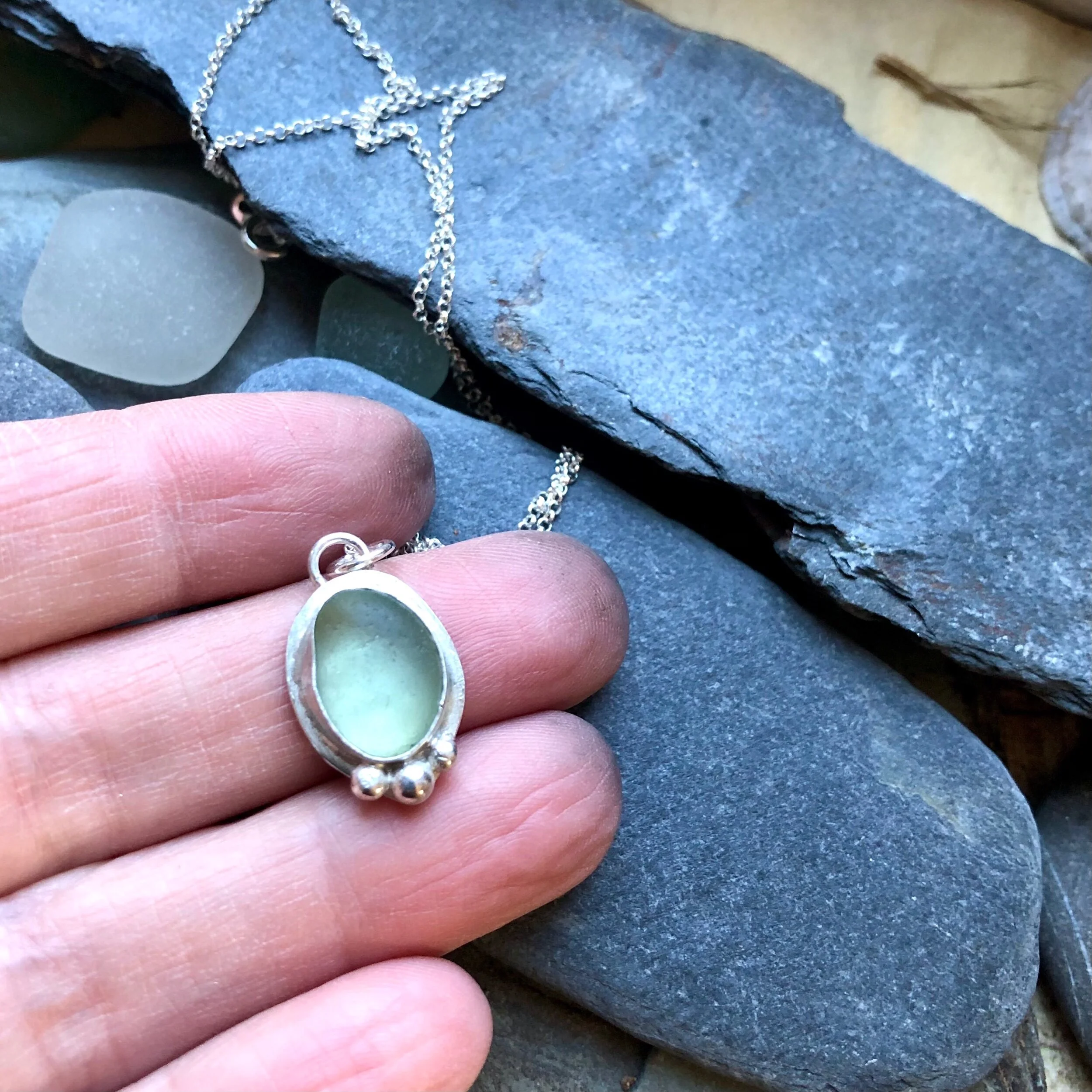 sea glass jewellery - aqua necklace with bobbles handmade jewellery uk