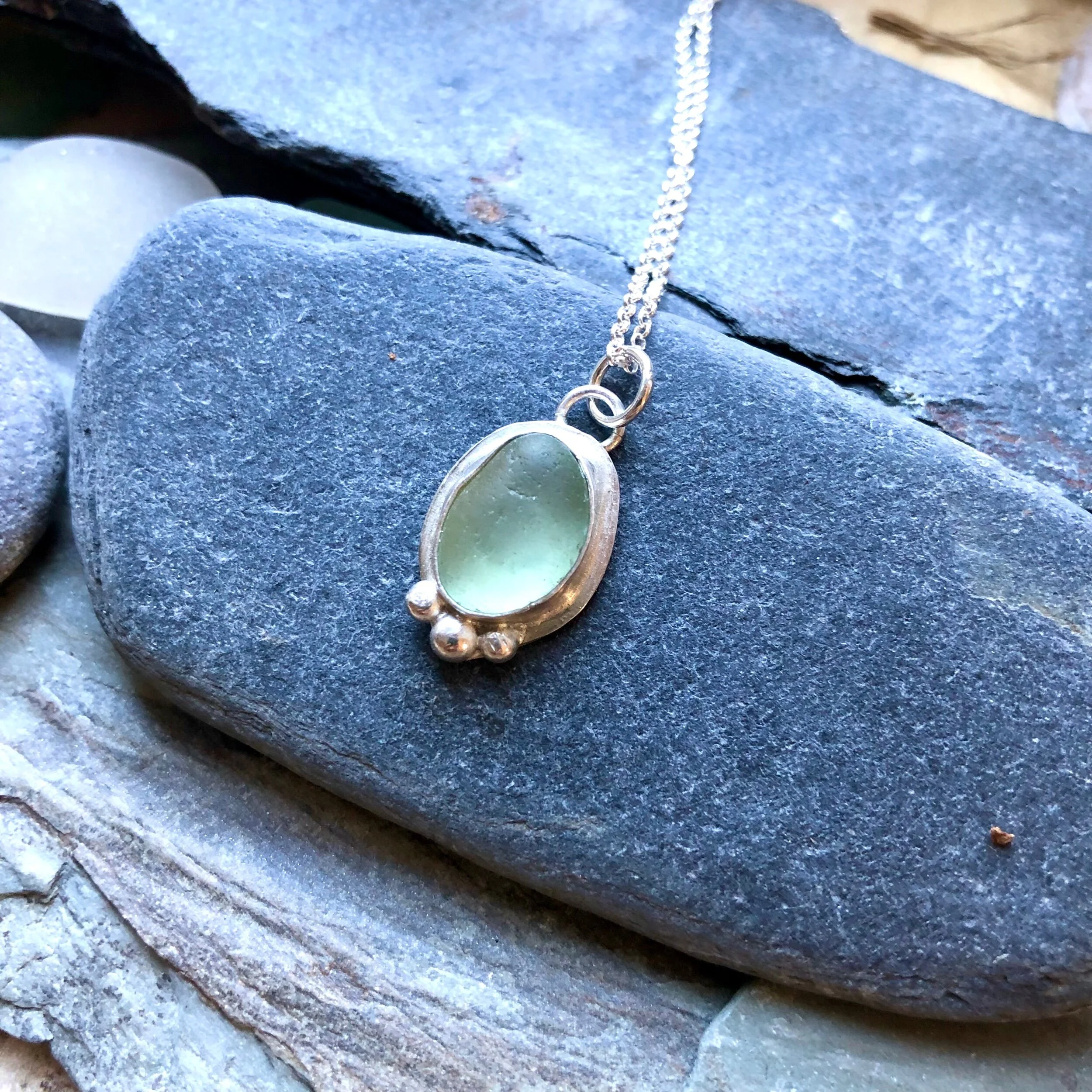 silver sea glass necklace with aqua stone and three bobbles - handmade in uk