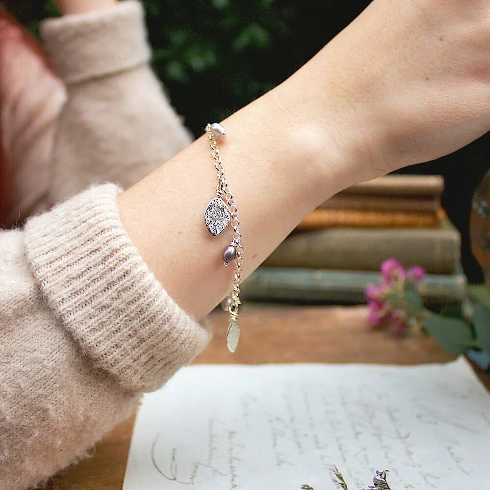 Sterling Silver Charm Bracelet With Leaves and Pearls Grace and Flora Handmade Nature Jewellery