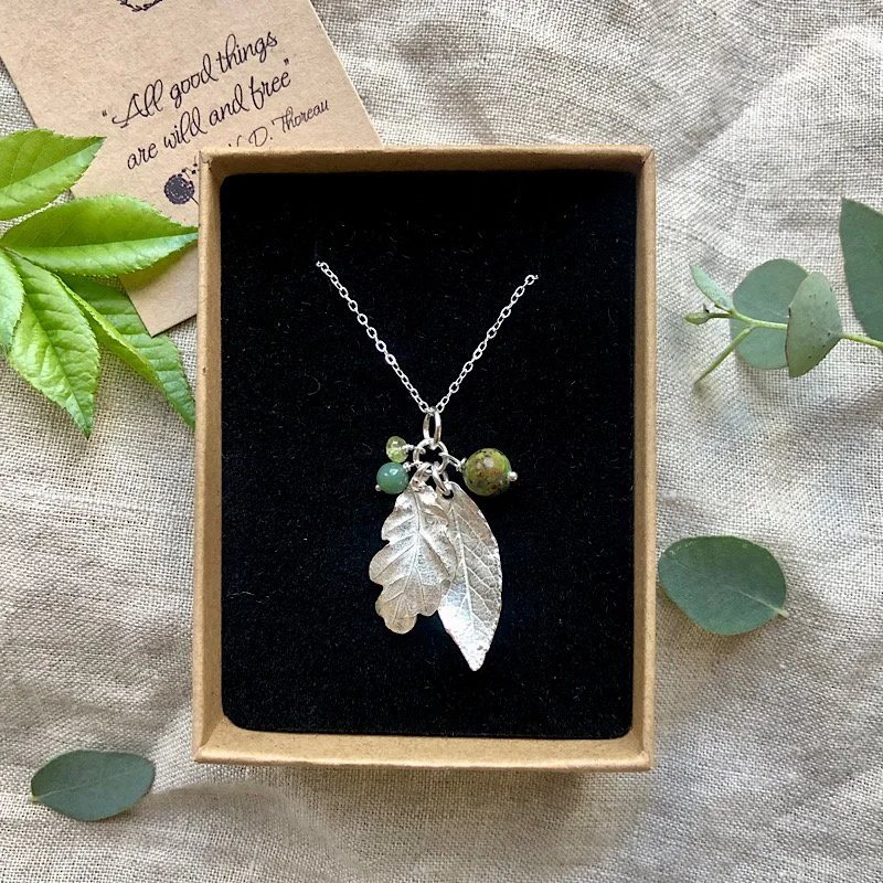 silver leaf necklace with two leaves in an elegant eco-friendly box - gift for gardener
