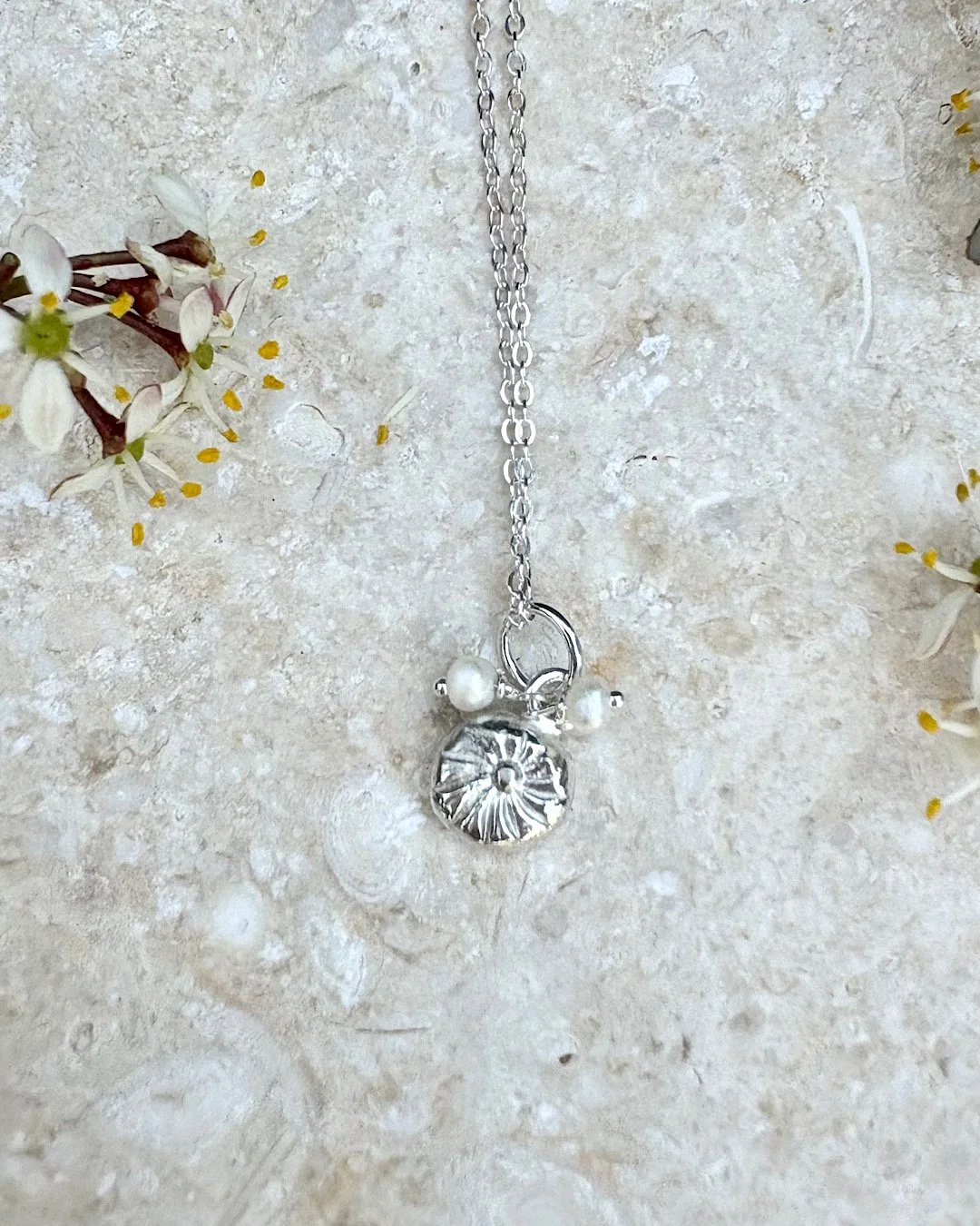 simple silver flower necklace and gemstones - handmade flower jewellery