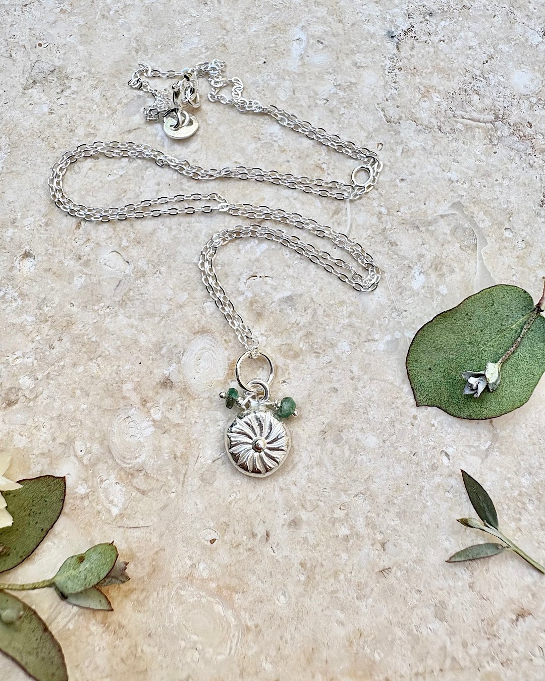 silver flower and gemstone necklace - handmade nature inspired jewellery