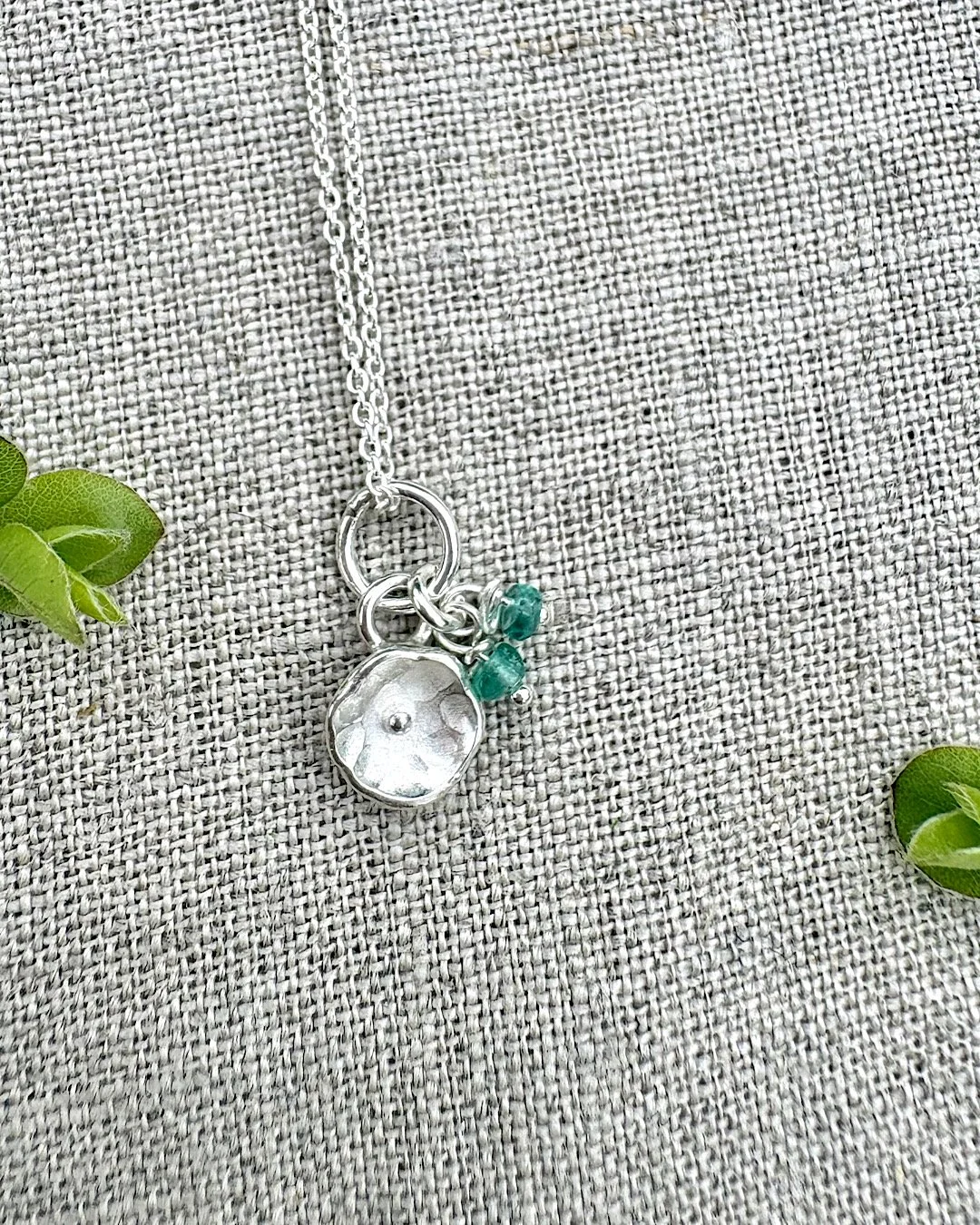 silver blossom necklace with emerald - handmade flower jewellery