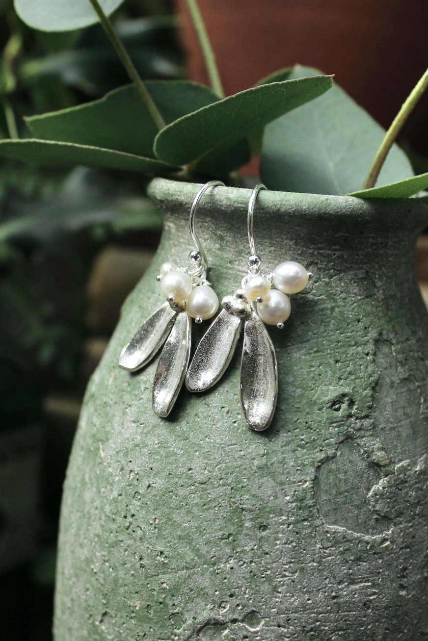 Silver Mistletoe Earrings with Pearls
