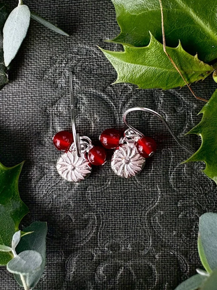 Festive Flower and Berries Earrings With Red Carnelian