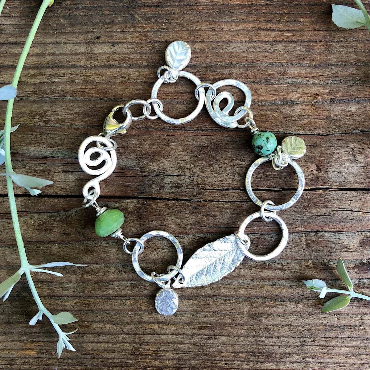 bohemian bracelet silver - handmade jewellery with leaves