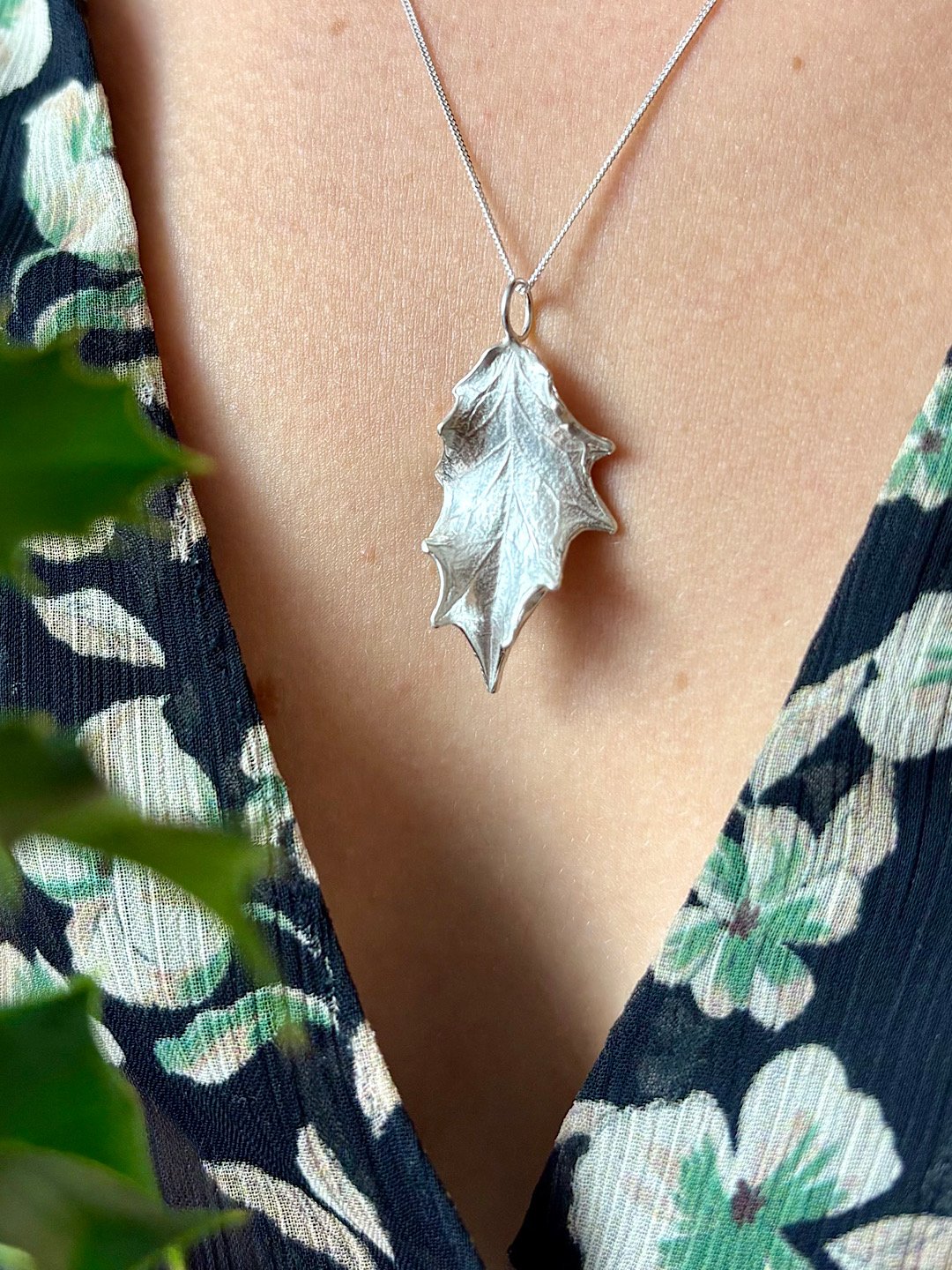 Silver Holly Leaf Necklace - Large