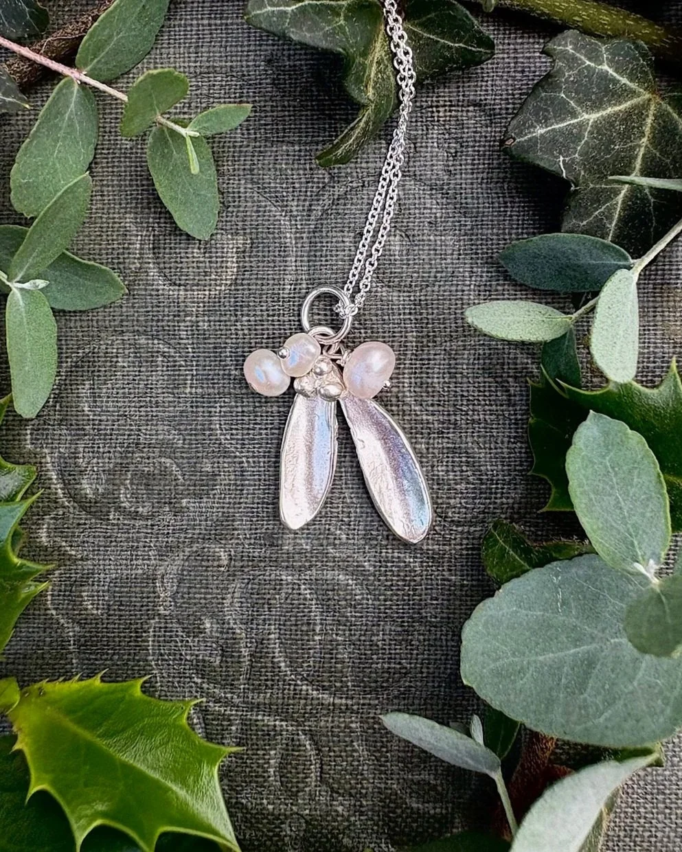 Silver Mistletoe Necklace with Pearls