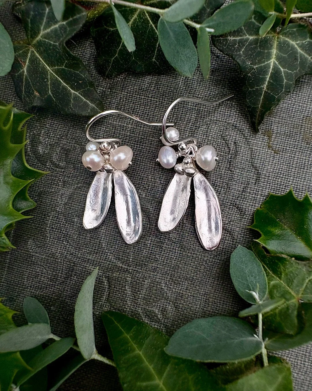 Silver Mistletoe Earrings with Pearls