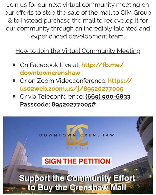 Happening Sat 12 - 2 pm: community meeting on our efforts to: 1) stop the sale of the Crenshaw Mall; 2) buy it and redevelop it with a team of experienced developers using principles of community-centered development; 3) buy apts and homes in the com