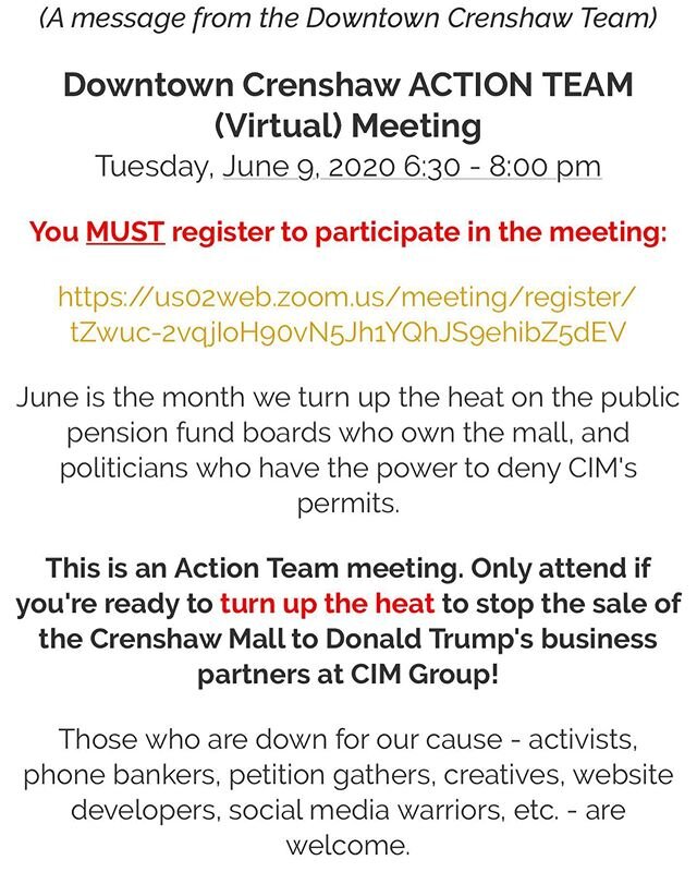 Action Team meeting tonight to stop the sale of the Crenshaw Mall to Donald Trump&rsquo;s business partners at CIM Group. Those who are down for the cause - activists, phone bankers, petition gathers, creatives, website developers, social media warri