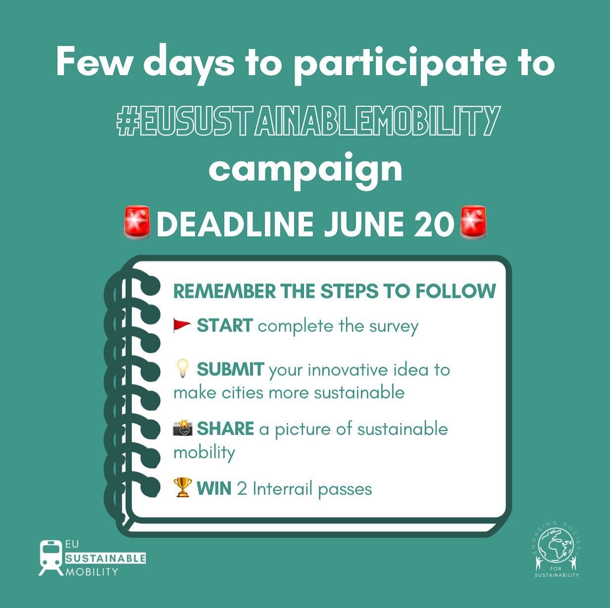 🚨Only few days left to participate to our #EUSustainableMobility campaign! Complete these 4 simple steps by June 20 and support us in making #mobility more sustainable across in Europe. 🚄
The winners will be announced at the ES4S Awarding event on 