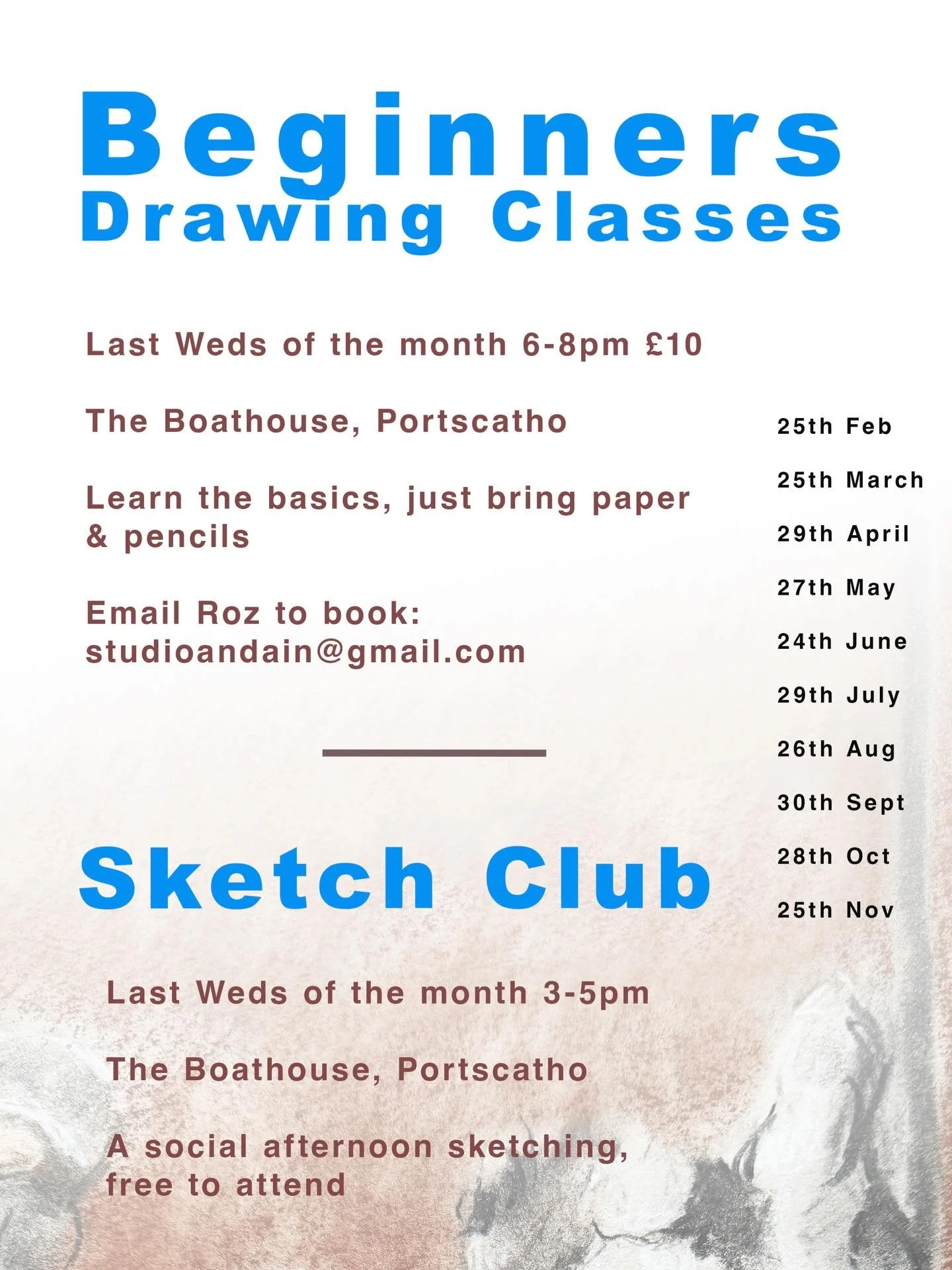 Morning all, this weds 25th is the next Sketchclub 3-5pm &amp; Drawing Class 6-8pm sessions. New members are welcome, we look forward to seeing you then! 

Any questions feel free to drop me a message.