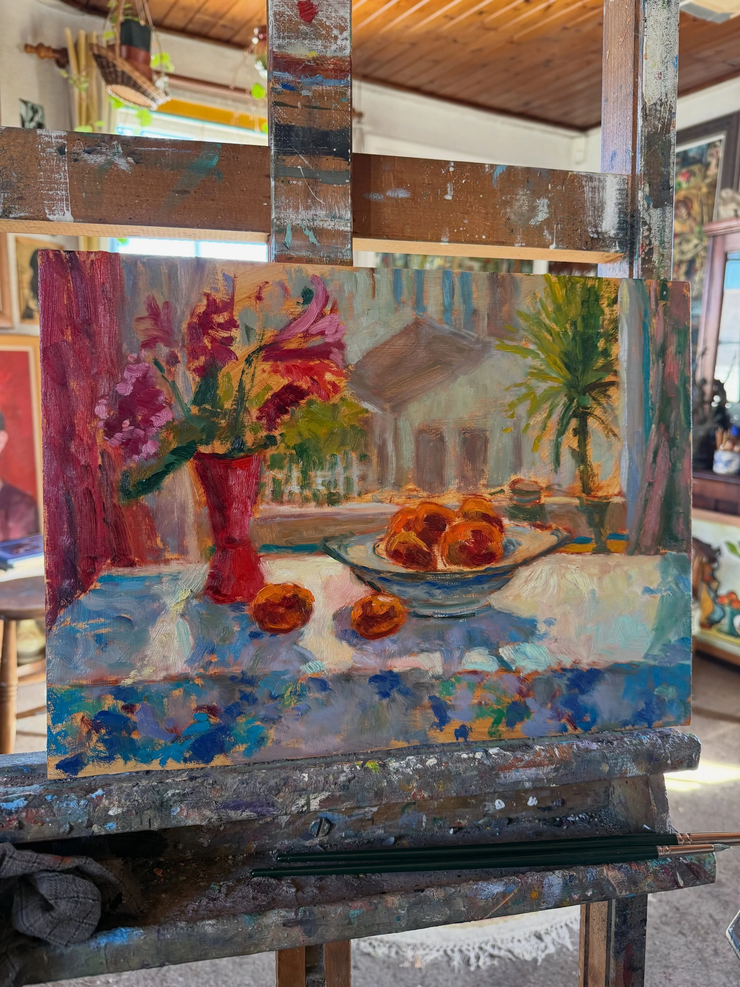 Sparkly sunny October day painting a still life in the window of The New Gallery studio #stilllifepainting #oilpainting #figurativepainting