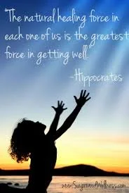 Silhouette of a person with arms raised at sunset with a quote about natural healing and the power of the Hippocrates.