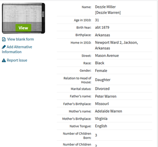 ‘Dezzie Miller’, 1910 US Federal Census, accessible at ancestry.co.uk.