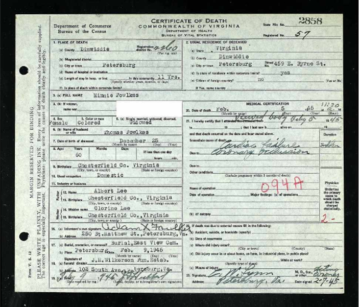 Fowlkes’ death certificate, confirming information provided in her interview, including her birthday and address details, accessed via familysearch.org