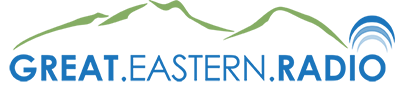 Logo of Great Eastern Radio with stylized green mountains and blue radio signal waves