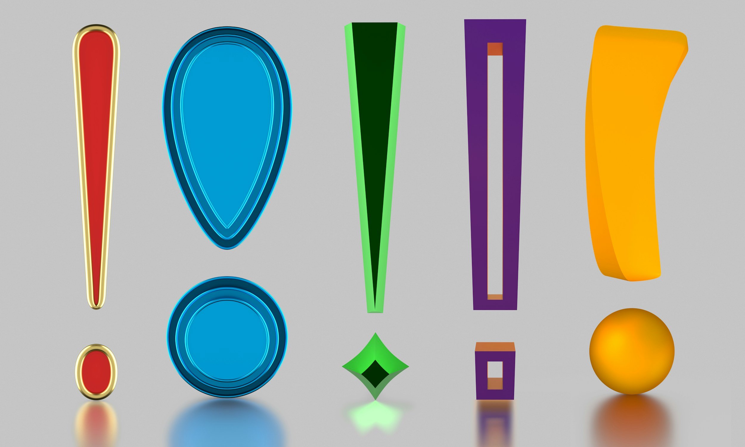 Colorful 3D exclamation marks and shapes on a gray background