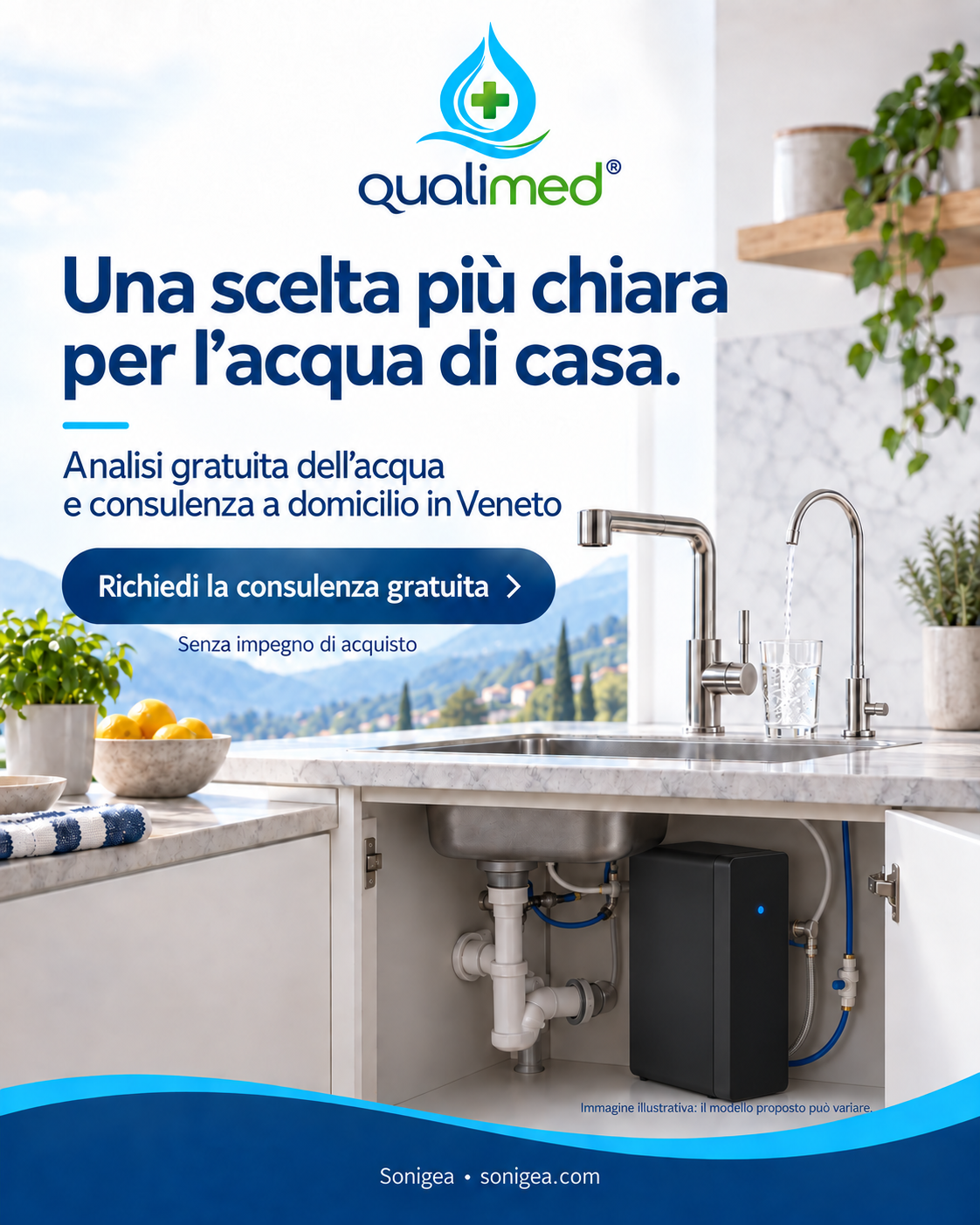 Qualimed: depuratore generico senza marchi sotto il lavello con rubinetto dedicato. Immagine illustrativa.