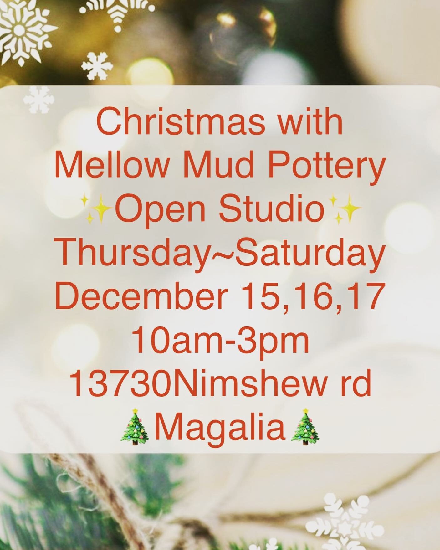 Save the date!! Come and enjoy some Christmas shopping and a Mimosa. Can&rsquo;t wait to see you all. 🎄✨🍾You can also reach me at 530-828-0224.
@mellowmudpottery