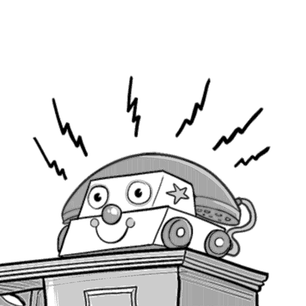 A cartoon toy car with a smiling face, large eyes, a star on its side, and wheels, sitting on a table with lightning bolts around it.