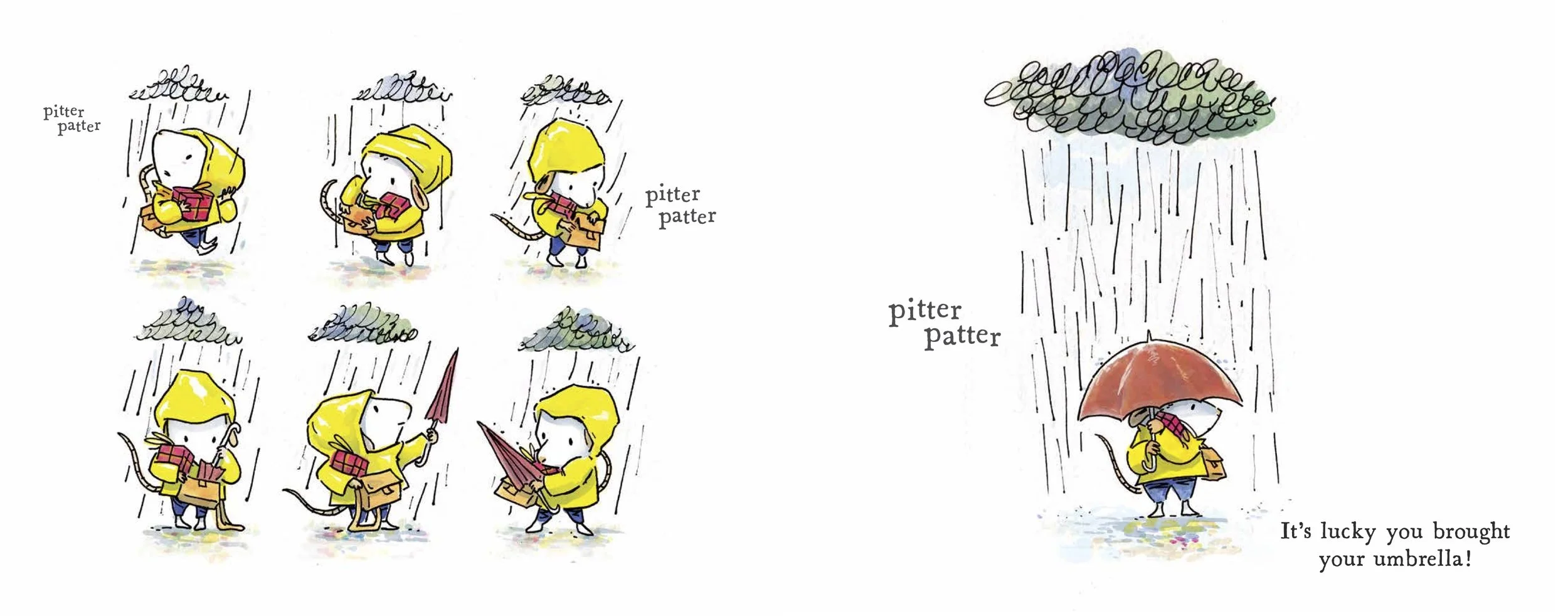 Colorful cartoon illustration of a girl with a yellow raincoat and umbrella in different rain scenarios, with lightning, dark clouds, and rain, and the caption "It's lucky you brought your umbrella!"