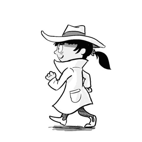Cartoon girl dressed as a cowboy or cowgirl, wearing a wide-brimmed hat, a coat, and boots, walking with a confident expression.
