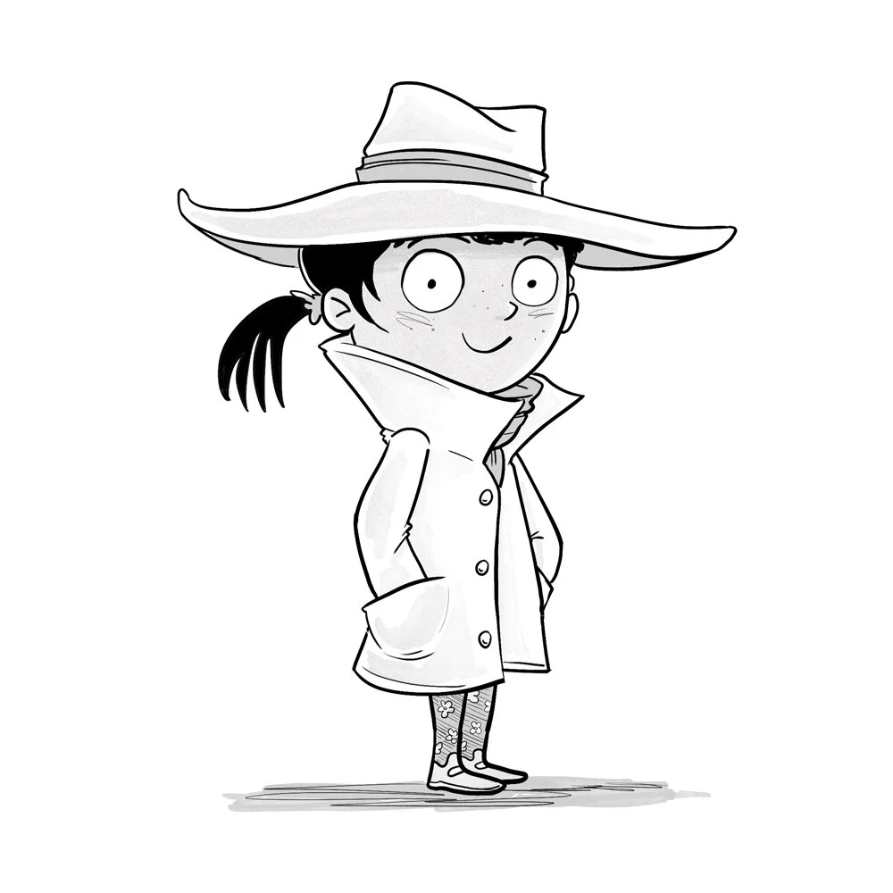 Illustration of Detective Dot in her film noir outfit. Robin Boyden