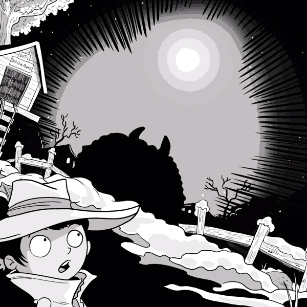 Animation of Dot in shock as a silhouette of a wolf life beast rises up. Robin Boyden