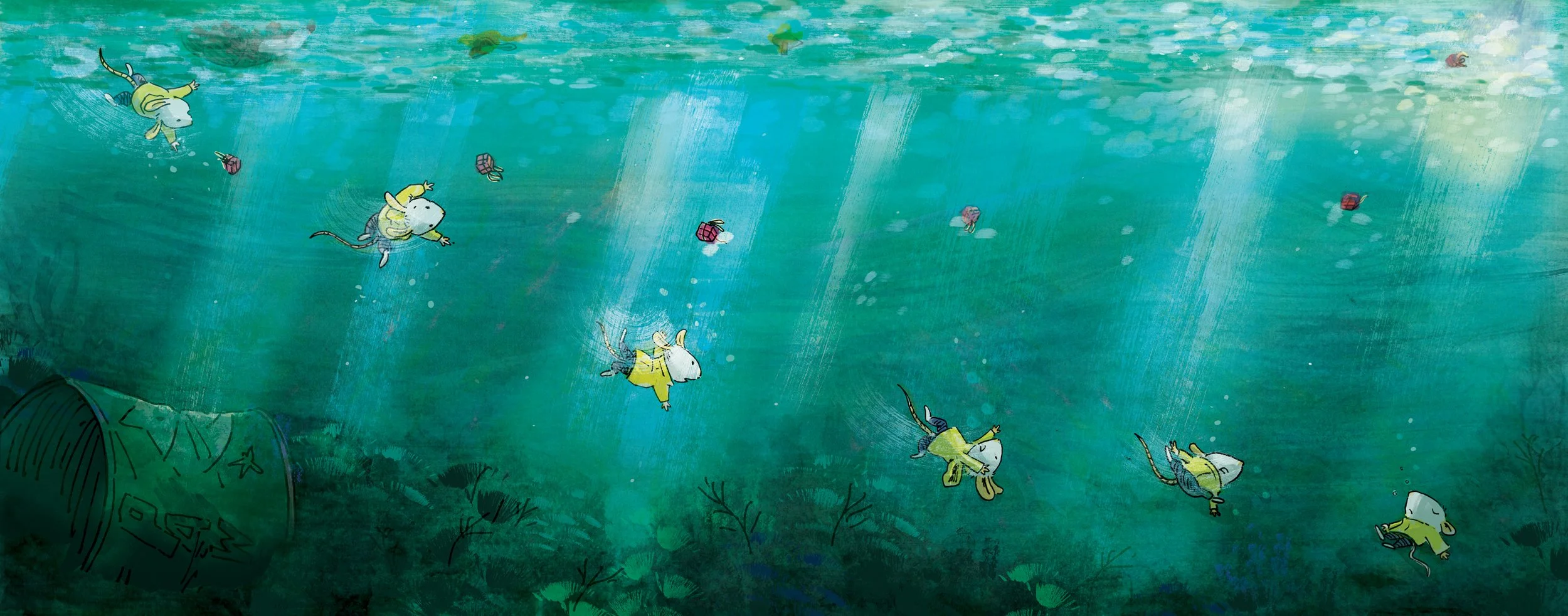 Illustration of small mice swimming underwater, wearing yellow raincoats, with bubbles and floating debris around them.