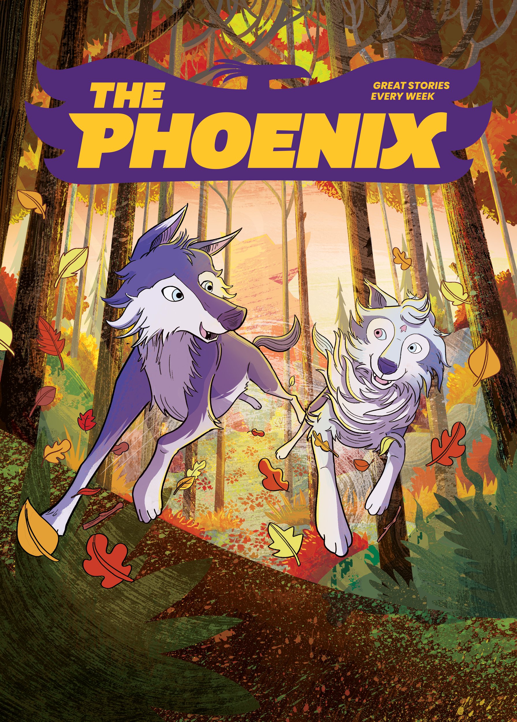 Corah and Ryad run through an autumnal woodland. Illustrated by Robin Boyden