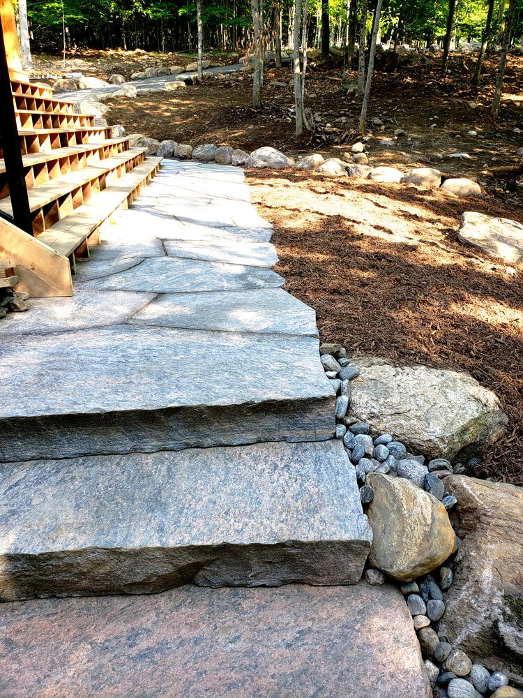 Rough cut flagstone pathway and stone steps.