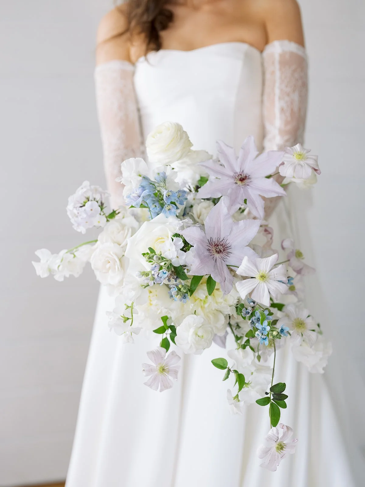 white and blue light purple bridal bouquet