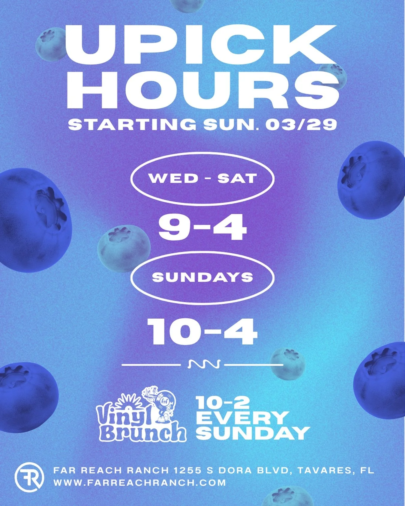 Plan your visit!⬇️

🫐Season info:
 We typically end mid-May! 

HOURS
Weds-Sat: 9-4
Sundays: 10-4

UPICK: $6/lb
Pre-picked berries: $7/lb 

🍹 The bar: open every Sat &amp; Sun

🎶 Sundays: @vinyl.brunch (vinyl dj), @greenpeacoffee, @butthead_donuts 