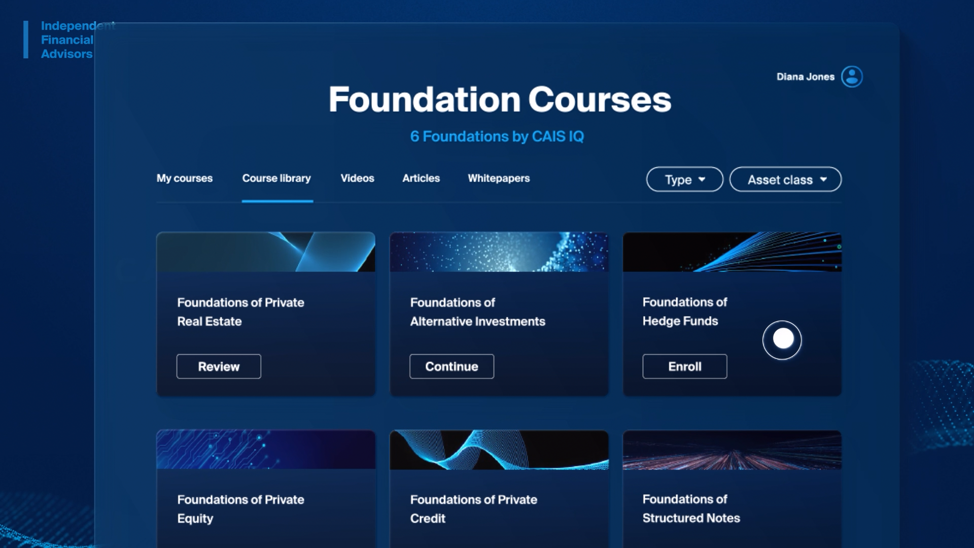 CAIS platform UI showcasing Foundation Courses, designed by Rocking Horse Pictures. Sleek, professional video production for B2B fintech, demonstrating clear product visualization and engaging animation for alternative investment education.