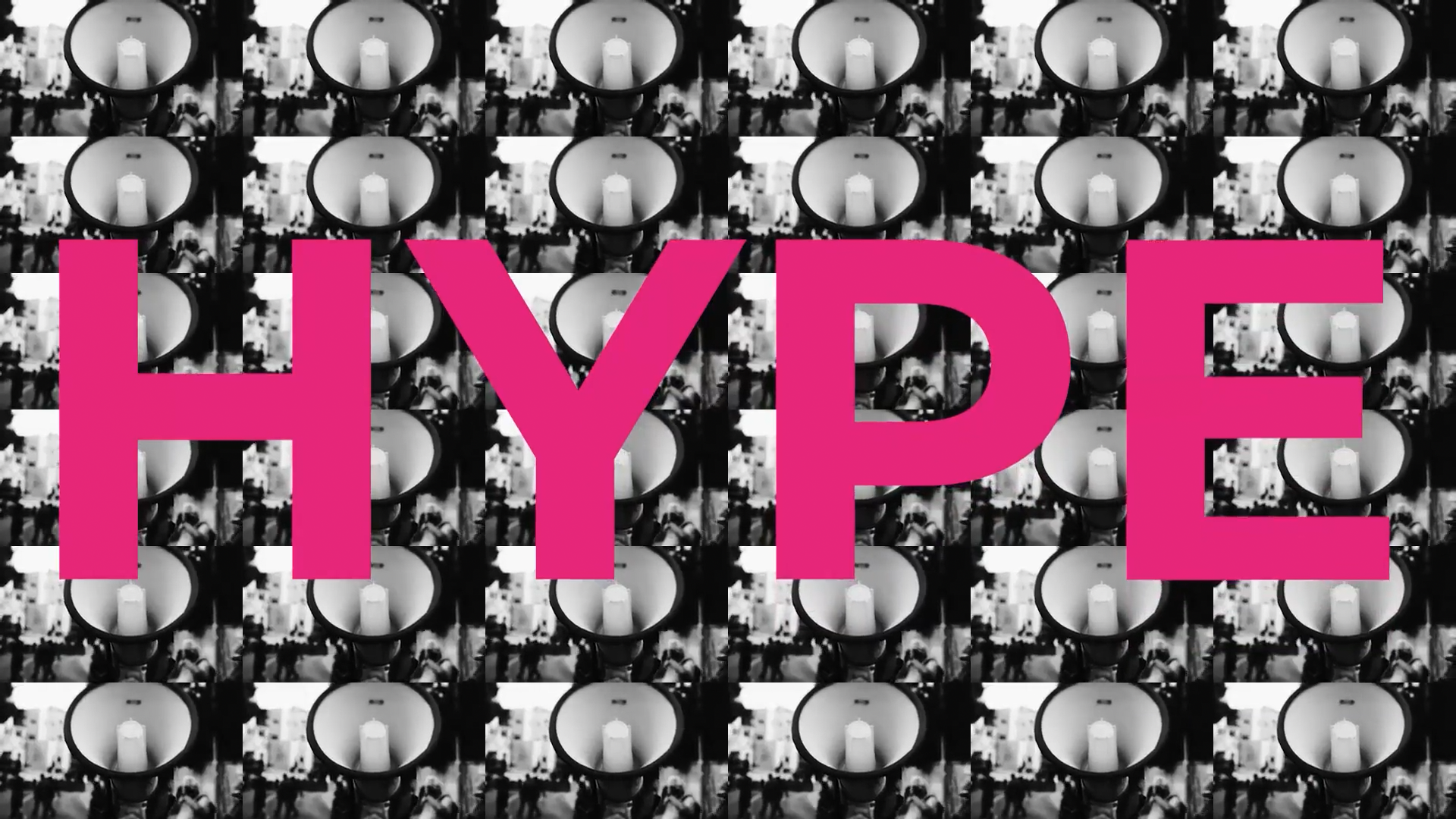Rocking Horse Pictures' AI-enhanced video for Gate One's Meaningful AI campaign. Bold 'HYPE' text over repeating megaphone imagery showcases innovative B2B video production using generative AI and motion typography.
