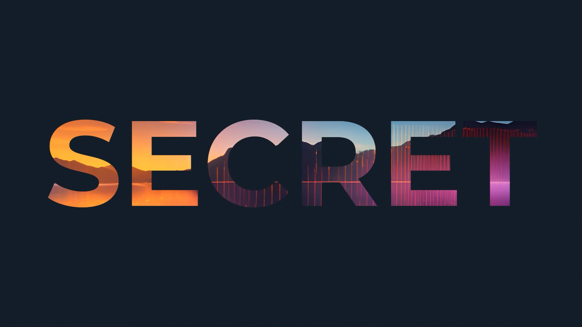 Rocking Horse Pictures' AI-enhanced design for Gate One. 'SECRET' text filled with vibrant cityscapes and sunsets, showcasing innovative B2B video production using generative AI for the Meaningful AI campaign.