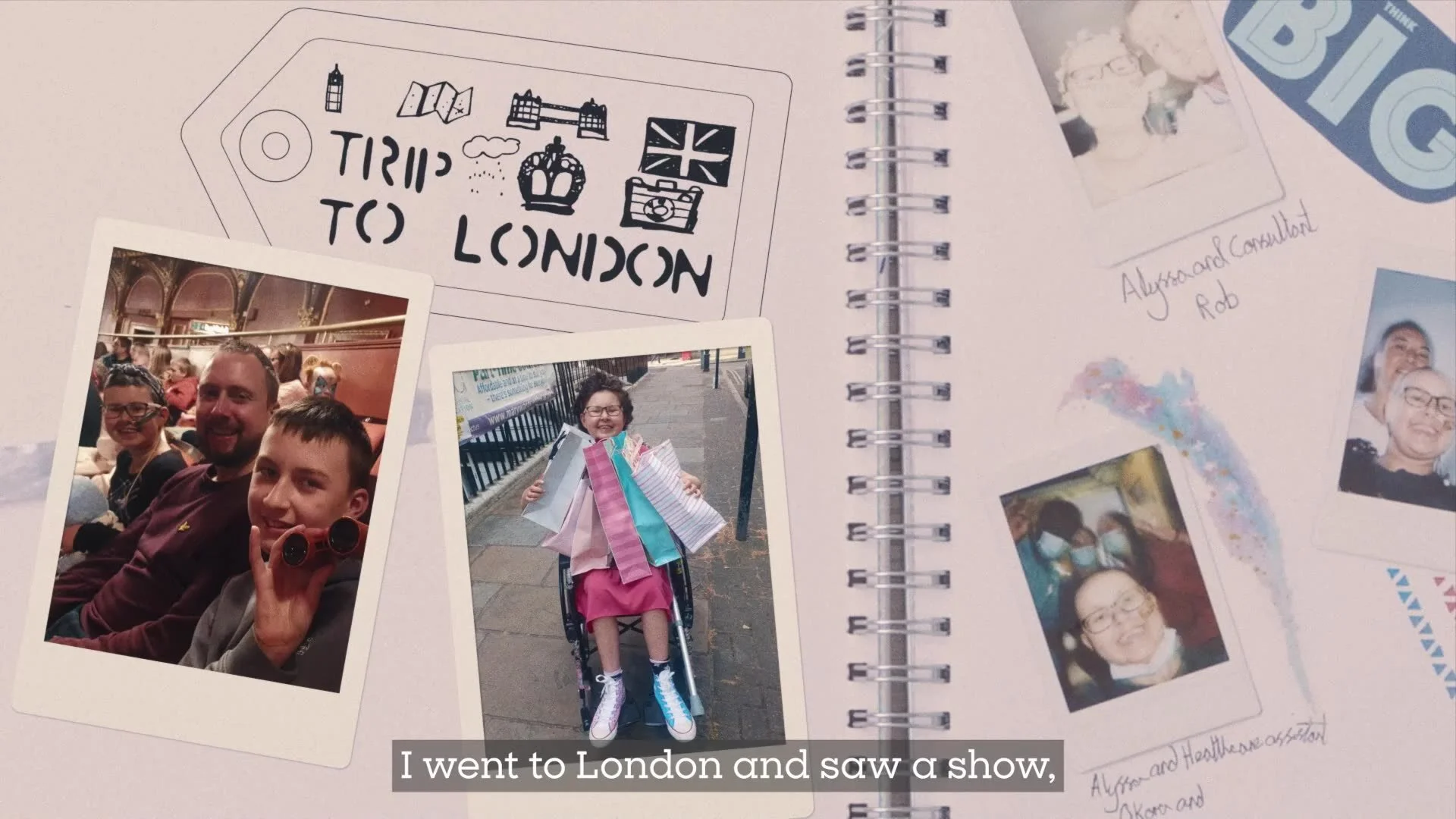 A scrapbook page from Rocking Horse Pictures' film for Blood Cancer UK, featuring cherished memories of Alyssa’s trip to London, with photos of smiling faces at a show, highlighting the joyful experiences enabled by the charity’s support.