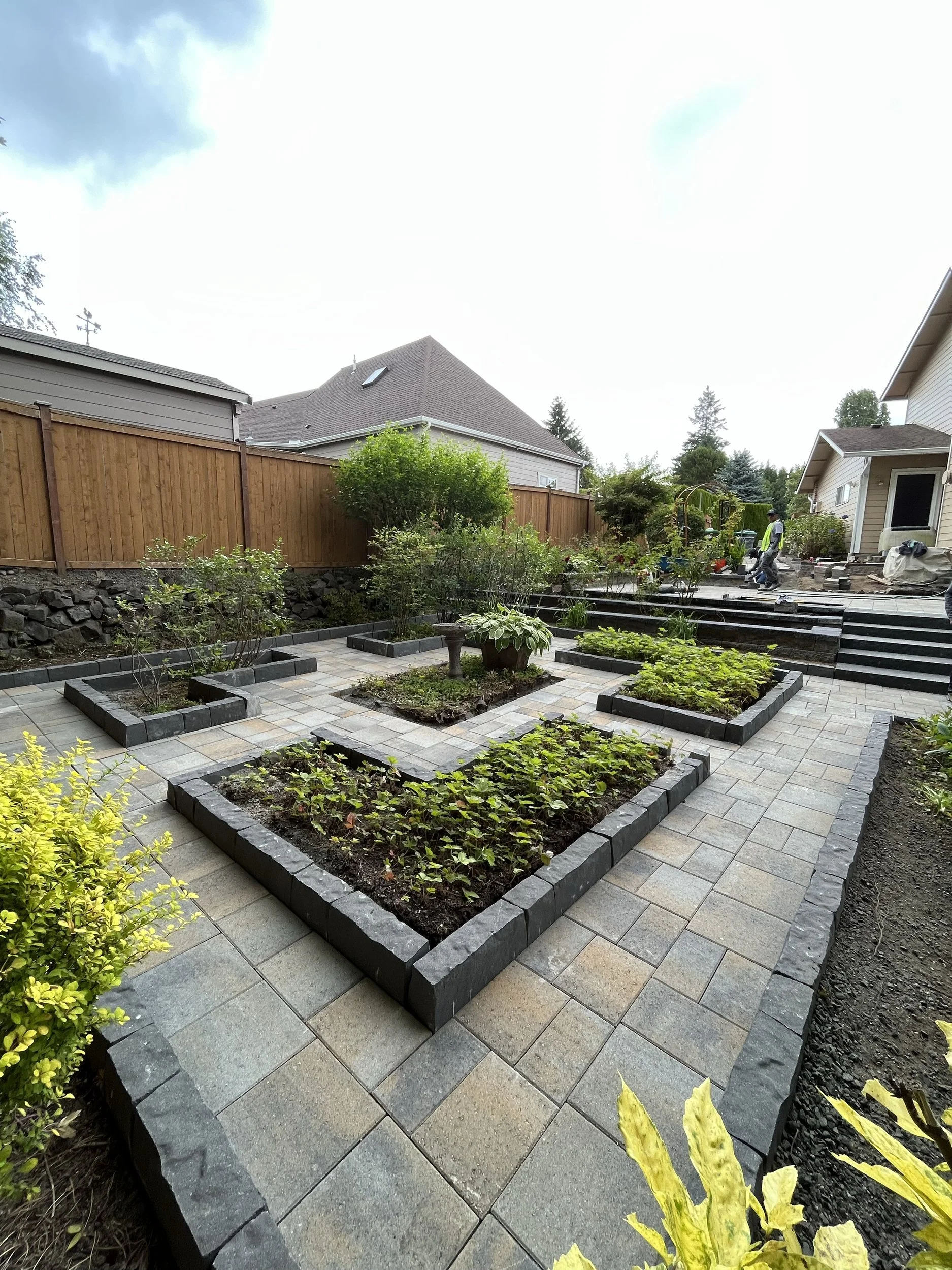 Paver patio with raised garden beds – Lawn Boys Landscape, Olympia WA